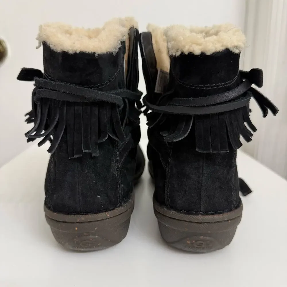 UGG Gaviota Boots Suede Fringe Shearling Wrap Ties Black Sz 9 Casual Boho Cozy - Picture 3 of 9